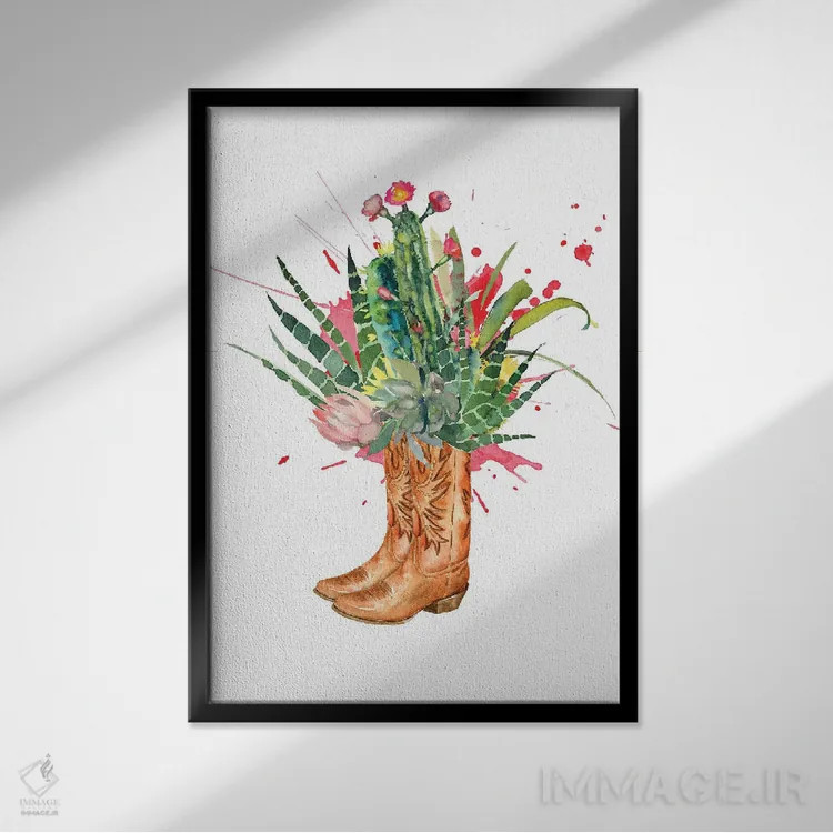 تابلو دکوراتیو چکمه های کاکتوسی غربی اثر ژانیا شاریپژانوا - نمای قابدار مشکی