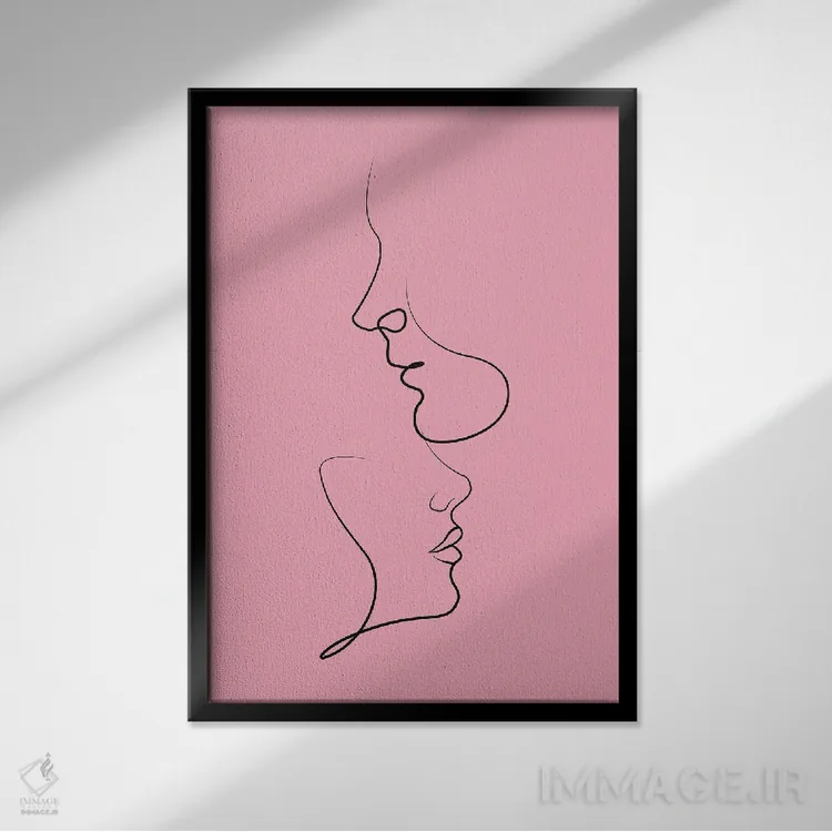 تابلو مینیمال نقاشی خطی زوج روی زمینه صورتی اثر ژانیا شاریپژانوا - نمای قابدار مشکی
