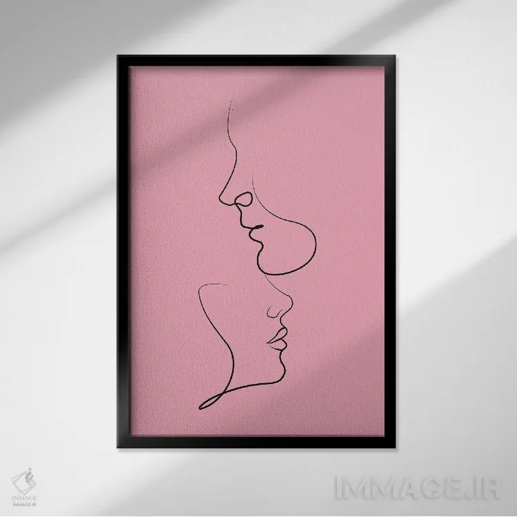 تابلو مینیمال نقاشی خطی زوج روی زمینه صورتی اثر ژانیا شاریپژانوا - نمای قابدار مشکی