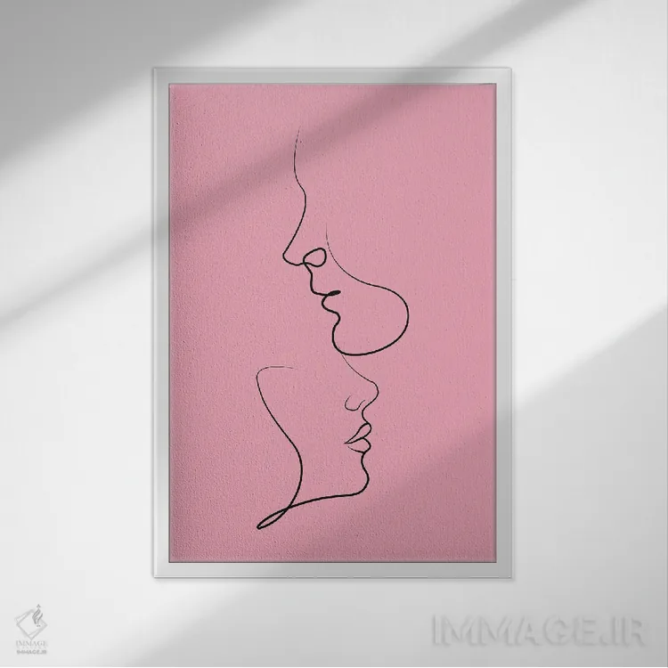 تابلو مینیمال نقاشی خطی زوج روی زمینه صورتی اثر ژانیا شاریپژانوا - نمای قابدار سفید
