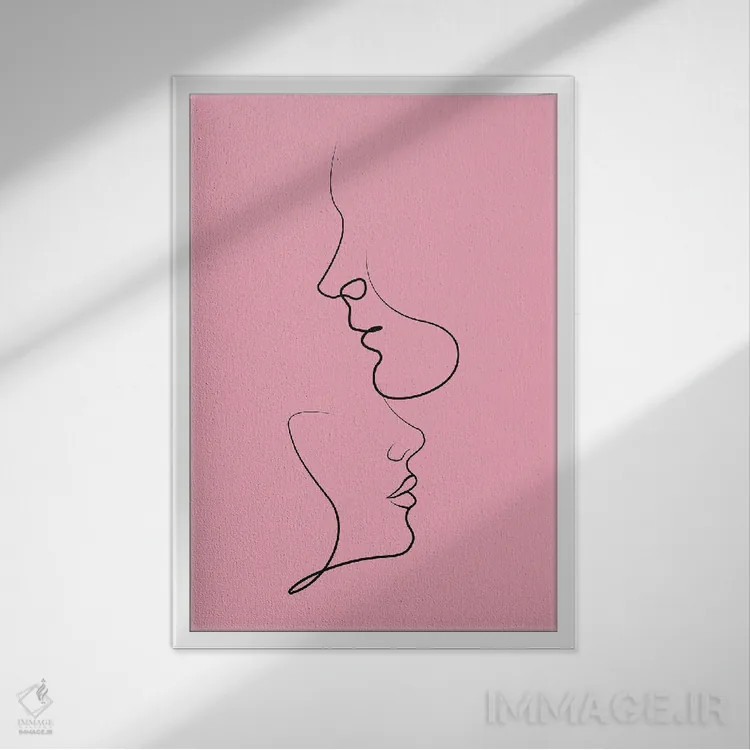 تابلو مینیمال نقاشی خطی زوج روی زمینه صورتی اثر ژانیا شاریپژانوا - نمای قابدار سفید