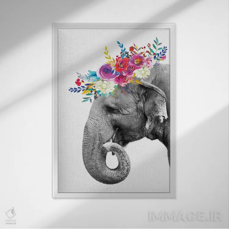 تابلو دکوراتیو فیل با گل آرایی حلقه ای اثر ژانیا شاریپژانوا - نمای قابدار سفید