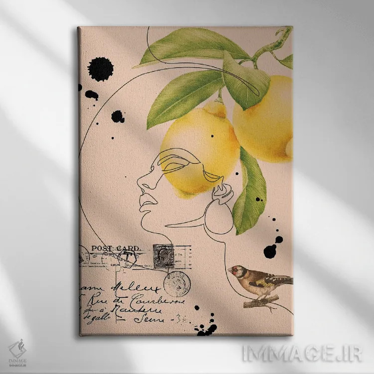 تابلو مینیمال کلاژ پرتره زنانه انتزاعی اثر ژانیا شاریپژانوا - نمای روبهرو روی دیوار