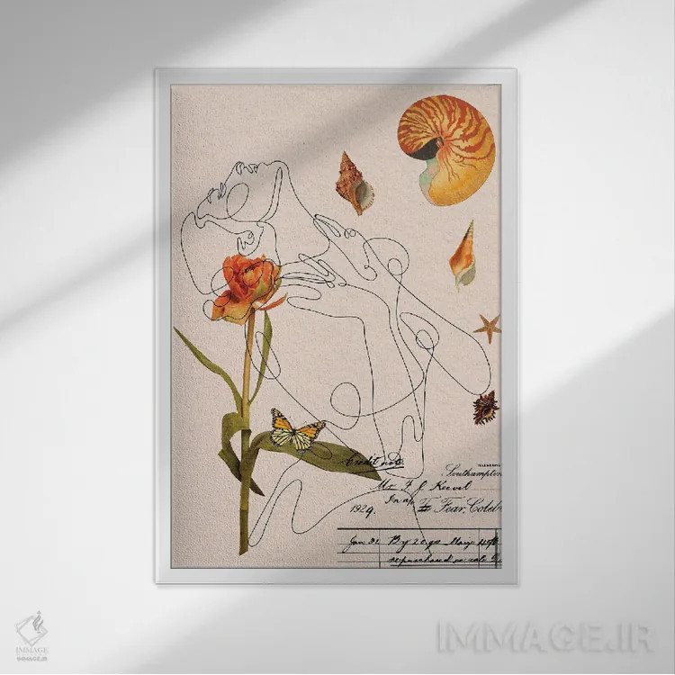 تابلو مینیمال کلاژ نقاشی خطی اثر ژانیا شاریپژانوا - نمای قابدار سفید