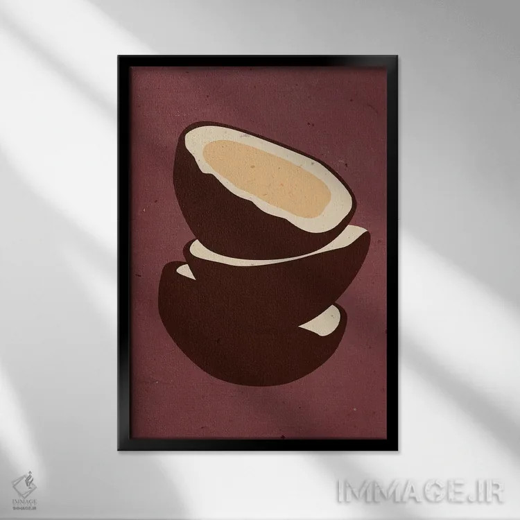 تابلو مینیمال نارگیل ها روی زمینه زرشکی اثر ژانیا شاریپژانوا - نمای قابدار مشکی