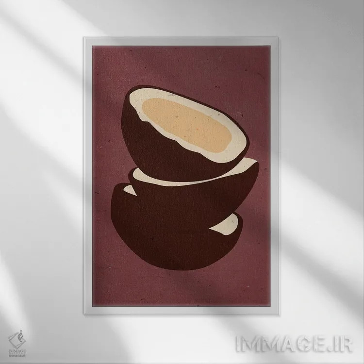 تابلو مینیمال نارگیل ها روی زمینه زرشکی اثر ژانیا شاریپژانوا - نمای قابدار سفید