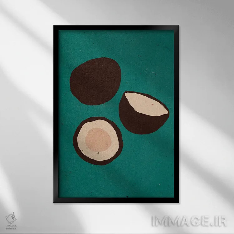 تابلو مینیمال نارگیل ها روی زمینه فیروزه ای اثر ژانیا شاریپژانوا - نمای قابدار مشکی