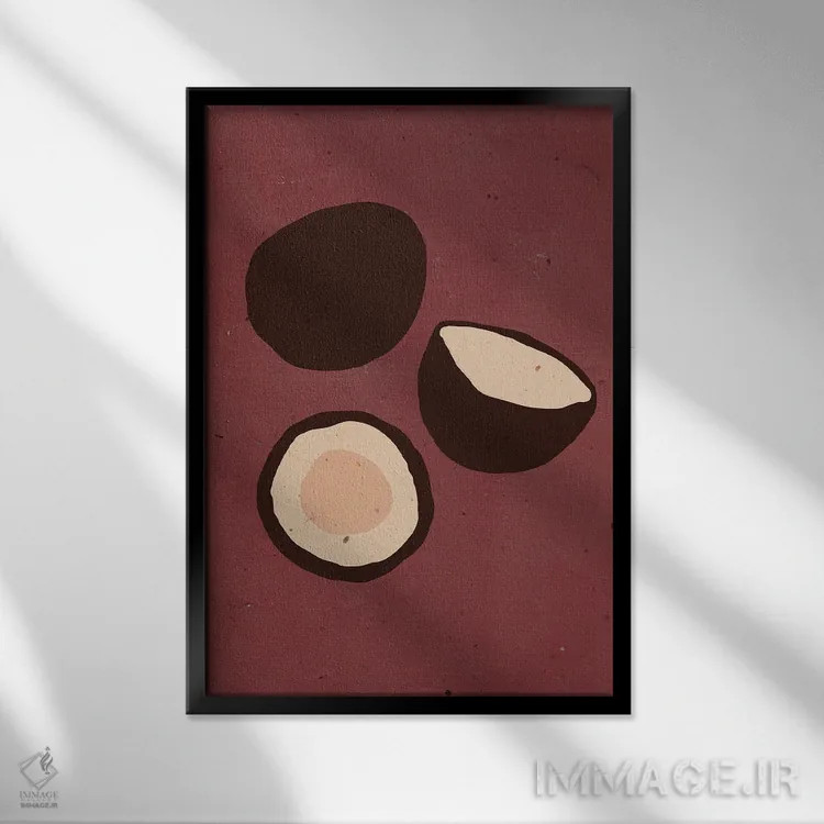 تابلو مینیمال نارگیل ها روی زمینه ارغوانی اثر ژانیا شاریپژانوا - نمای قابدار مشکی