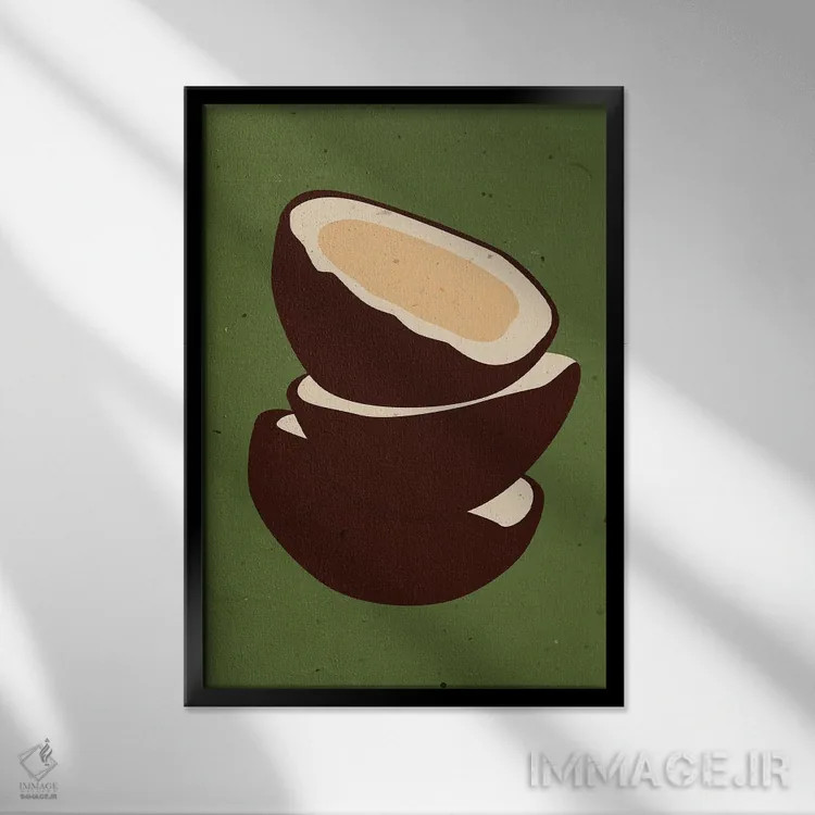 تابلو مینیمال نارگیل روی زمینه سبز اثر ژانیا شاریپژانوا - نمای قابدار مشکی