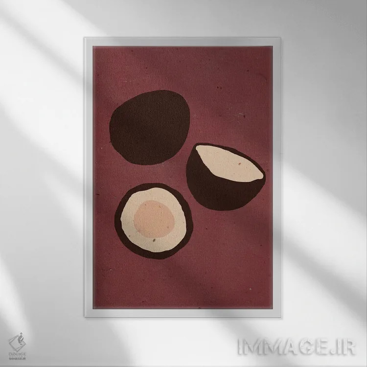 تابلو مینیمال نارگیل ها روی زمینه ارغوانی اثر ژانیا شاریپژانوا - نمای قابدار سفید