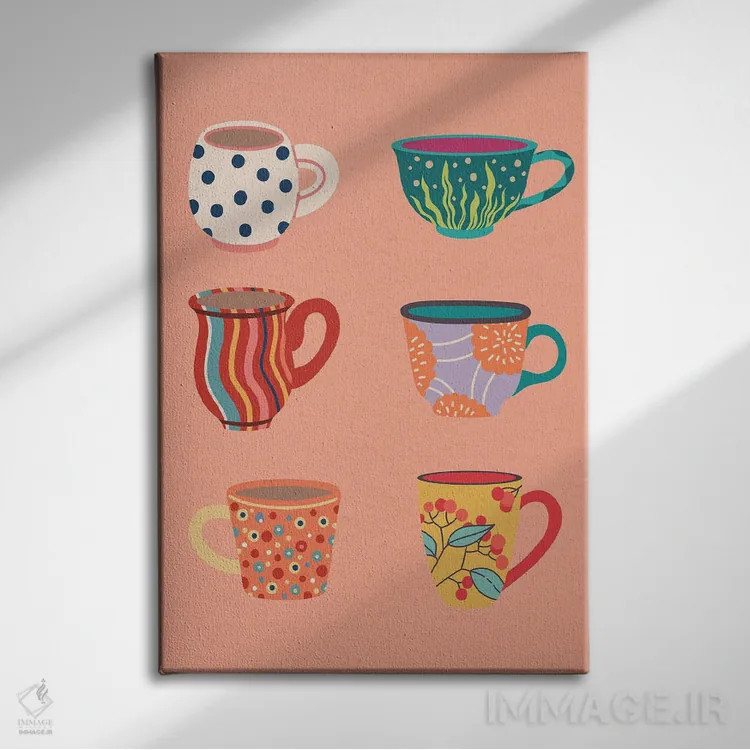 تابلو دکوراتیو دسته فنجان روی زمینه هلویی اثر ژانیا شاریپژانوا - نمای روبهرو روی دیوار