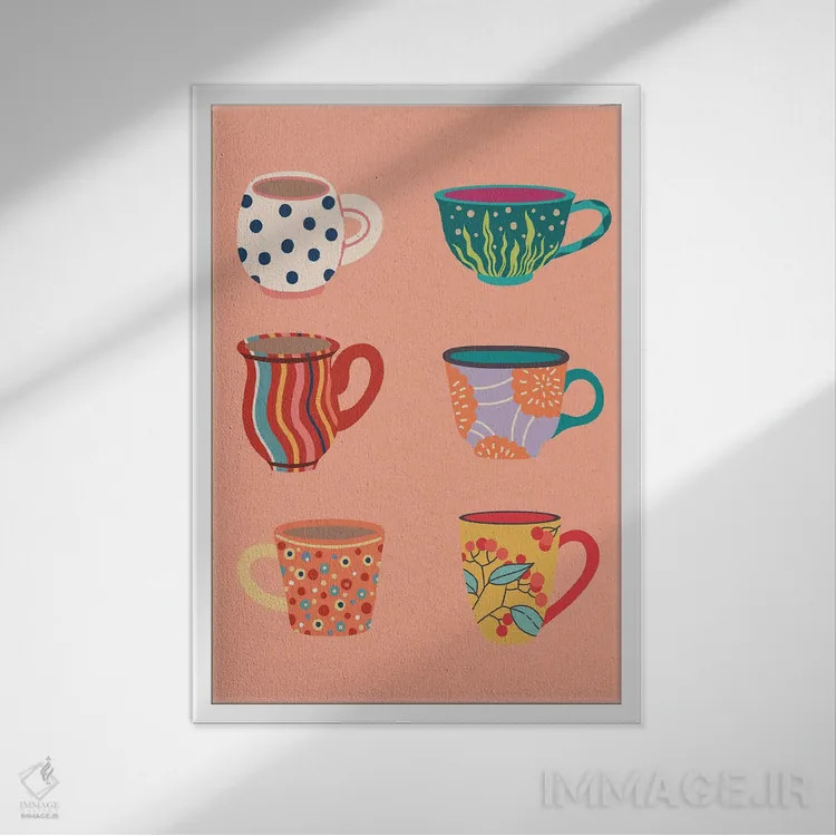 تابلو دکوراتیو دسته فنجان روی زمینه هلویی اثر ژانیا شاریپژانوا - نمای قابدار سفید