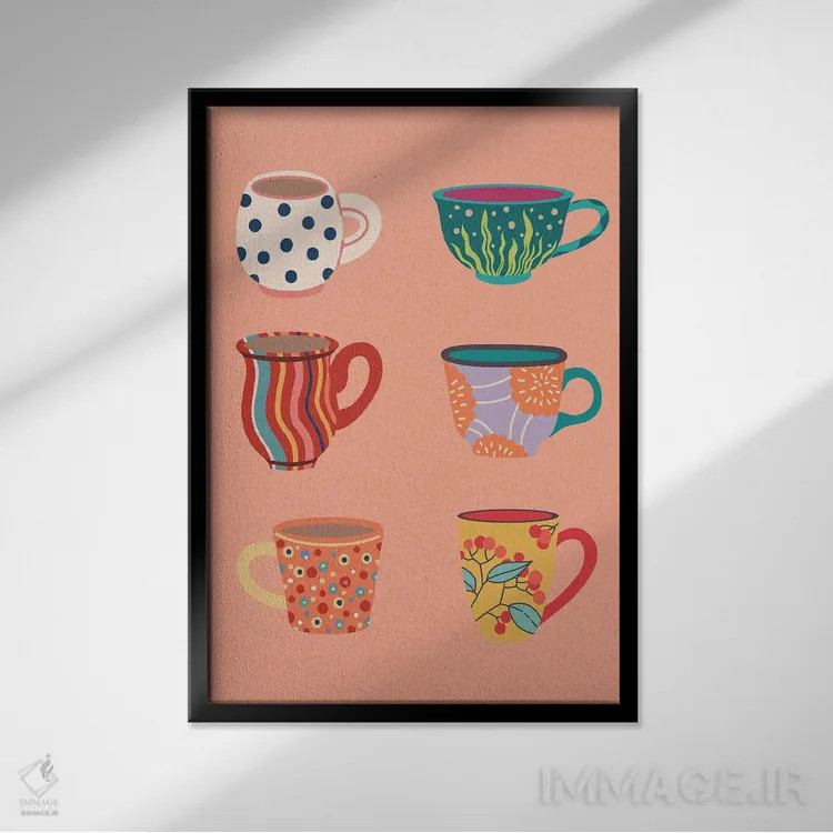 تابلو دکوراتیو دسته فنجان روی زمینه هلویی اثر ژانیا شاریپژانوا - نمای قابدار مشکی