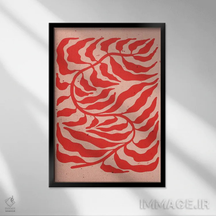 تابلو مینیمال برگ روی زمینه هلویی اثر ژانیا شاریپژانوا - نمای قابدار مشکی