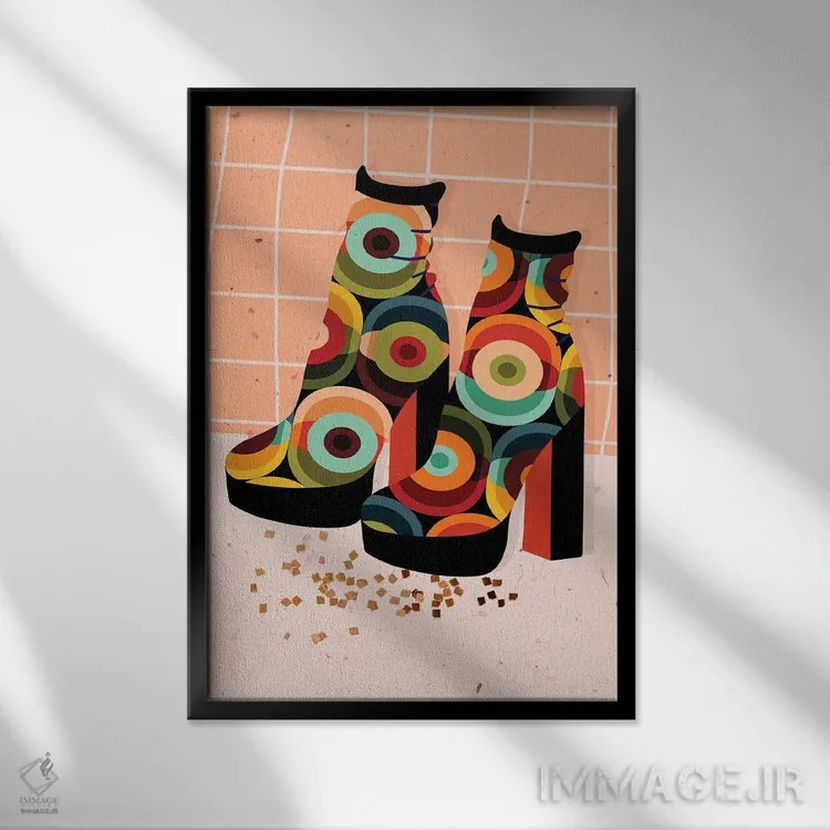 تابلو دکوراتیو کفش پاشنه بلند دهه هفتادی اثر ژانیا شاریپژانوا - نمای قابدار مشکی
