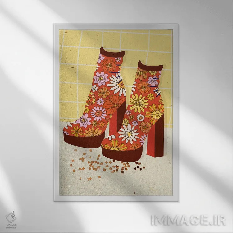 تابلو دکوراتیو کفش پاشنه بلند شاد اثر ژانیا شاریپژانوا - نمای قابدار سفید