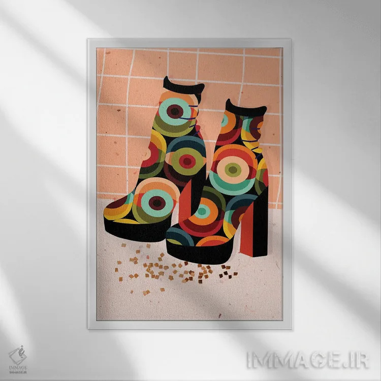 تابلو دکوراتیو کفش پاشنه بلند دهه هفتادی اثر ژانیا شاریپژانوا - نمای قابدار سفید