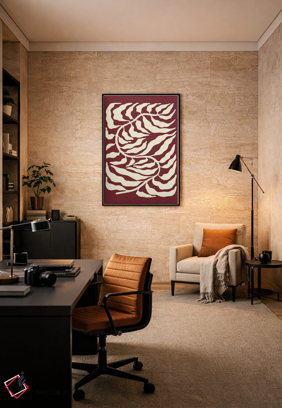 تابلو مینیمال برگ روی زمینه زرشکی اثر ژانیا شاریپژانوا - D5B