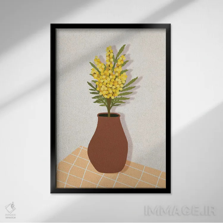 تابلو دکوراتیو میموزا در گلدان اثر ژانیا شاریپژانوا - نمای قابدار مشکی