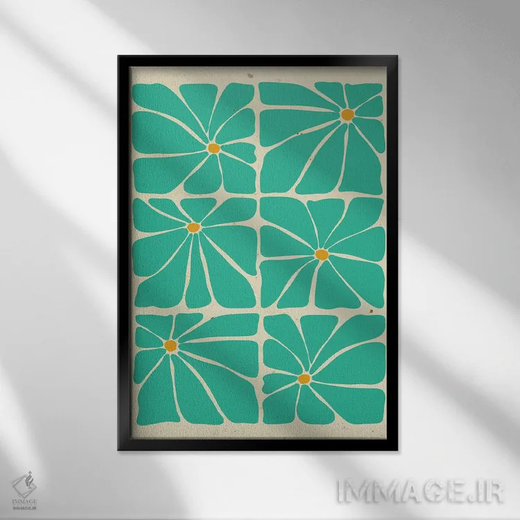 تابلو مدرن کاشی گل های آبی-سبز سبک میان سده ای اثر ژانیا شاریپژانوا - نمای قابدار مشکی