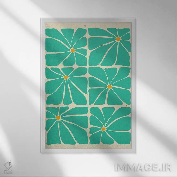 تابلو مدرن کاشی گل های آبی-سبز سبک میان سده ای اثر ژانیا شاریپژانوا - نمای قابدار سفید