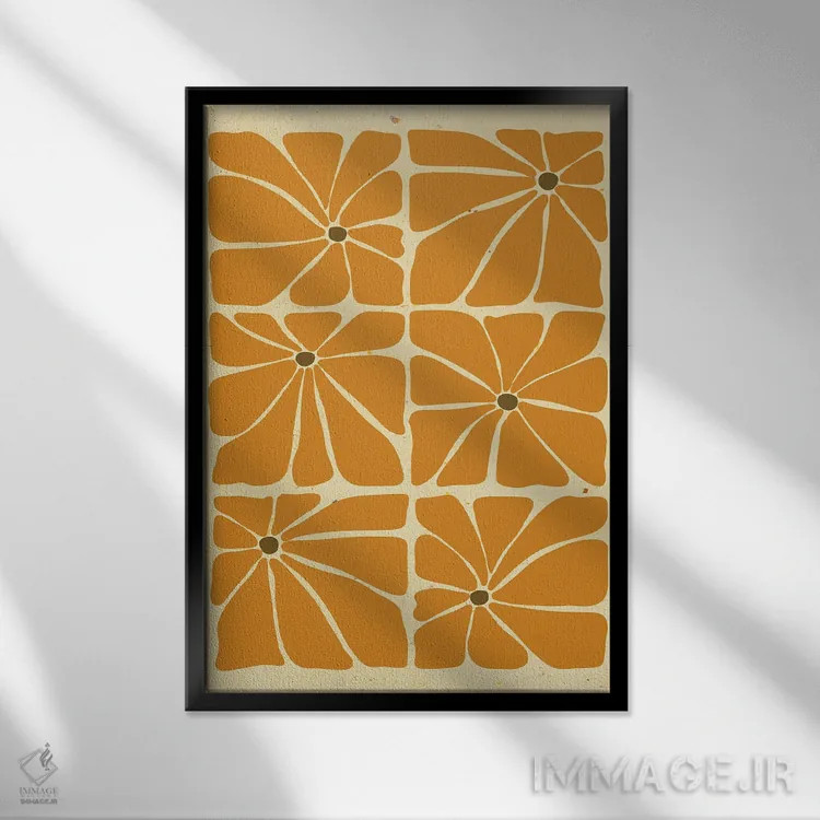 تابلو مدرن کاشی گل های زرد خردلی سبک میان سده ای اثر ژانیا شاریپژانوا - نمای قابدار مشکی