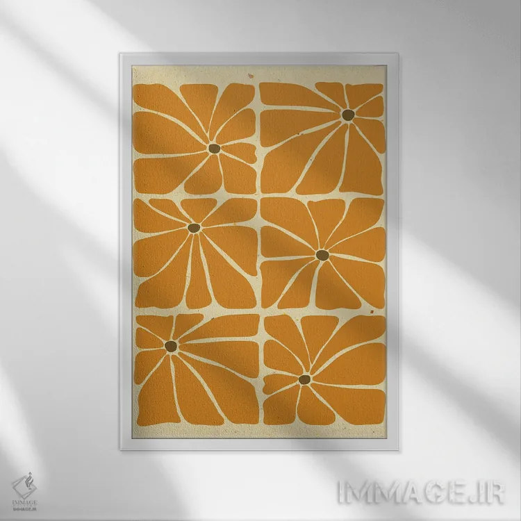 تابلو مدرن کاشی گل های زرد خردلی سبک میان سده ای اثر ژانیا شاریپژانوا - نمای قابدار سفید