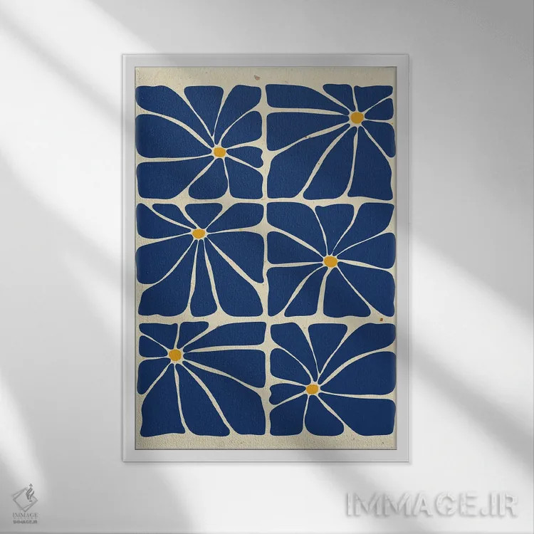 تابلو مدرن کاشی گل های آبی سبک میان سده ای اثر ژانیا شاریپژانوا - نمای قابدار سفید