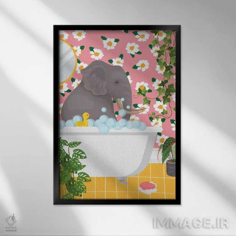 تابلو دکوراتیو فیل در وان حمام اثر ژانیا شاریپژانوا - نمای قابدار مشکی