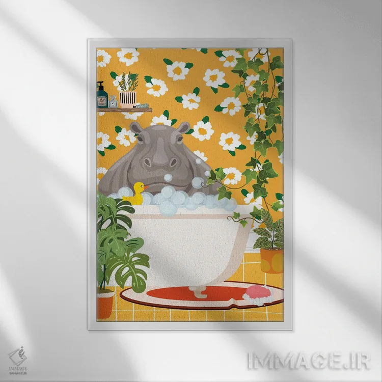 تابلو دکوراتیو اسب آبی در وان حمام اثر ژانیا شاریپژانوا - نمای قابدار سفید