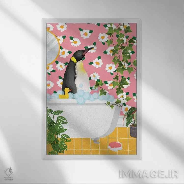 تابلو دکوراتیو پنگوئن در وان حمام اثر ژانیا شاریپژانوا - نمای قابدار سفید