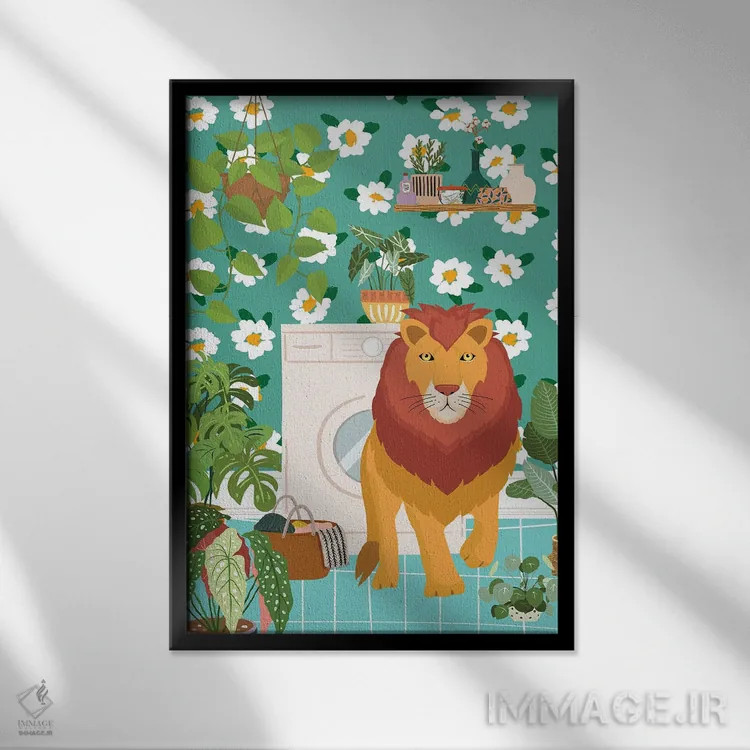 تابلو دکوراتیو شیر در اتاق لباسشویی بوهو اثر ژانیا شاریپژانوا - نمای قابدار مشکی