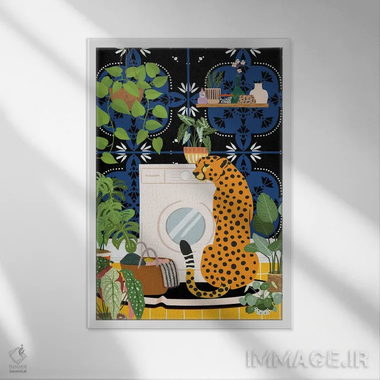 تابلو دکوراتیو یوزپلنگ در اتاق لباسشویی اثر ژانیا شاریپژانوا - نمای قابدار سفید