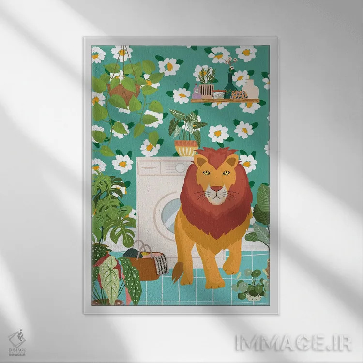 تابلو دکوراتیو شیر در اتاق لباسشویی بوهو اثر ژانیا شاریپژانوا - نمای قابدار سفید