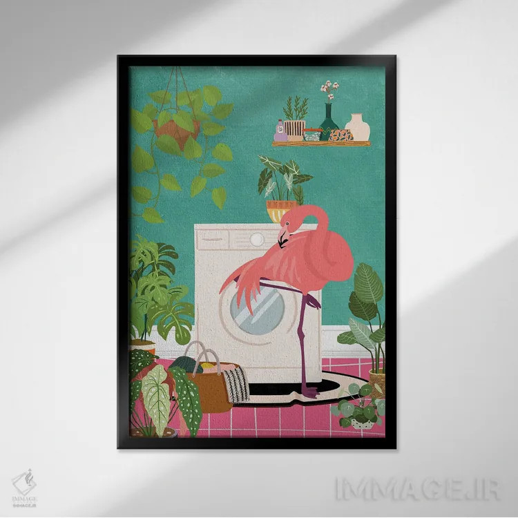 تابلو دکوراتیو فلامینگو در اتاق لباسشویی بوهو اثر ژانیا شاریپژانوا - نمای قابدار مشکی