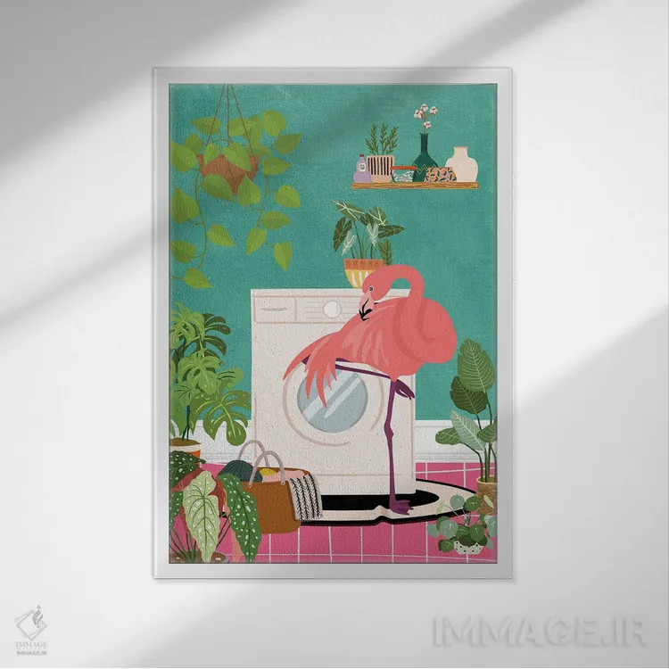 تابلو دکوراتیو فلامینگو در اتاق لباسشویی بوهو اثر ژانیا شاریپژانوا - نمای قابدار سفید