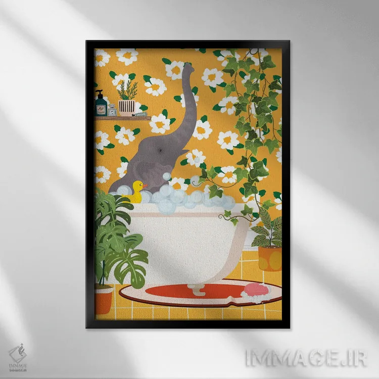 تابلو دکوراتیو فیل بچه در وان حمام اثر ژانیا شاریپژانوا - نمای قابدار مشکی