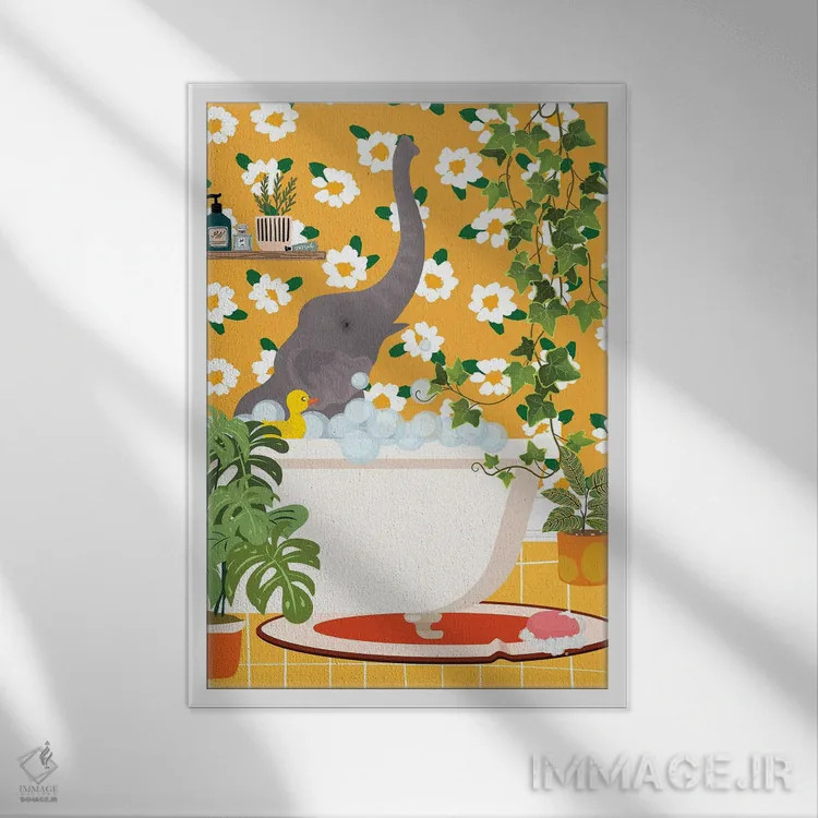 تابلو دکوراتیو فیل بچه در وان حمام اثر ژانیا شاریپژانوا - نمای قابدار سفید