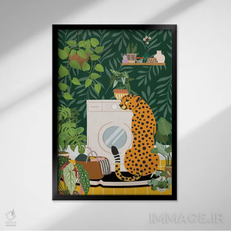 تابلو دکوراتیو یوزپلنگ در اتاق لباسشویی گیاهی اثر ژانیا شاریپژانوا - نمای قابدار مشکی