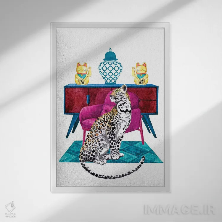 تابلو دکوراتیو یوزپلنگ در دکوراسیون ماکسیمالیستی اثر ژانیا شاریپژانوا - نمای قابدار سفید