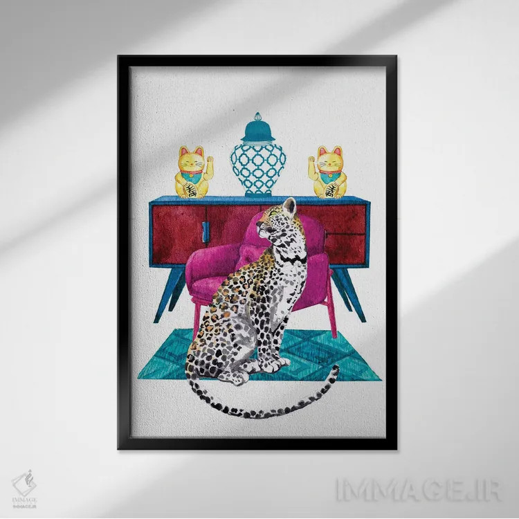 تابلو دکوراتیو یوزپلنگ در دکوراسیون ماکسیمالیستی اثر ژانیا شاریپژانوا - نمای قابدار مشکی