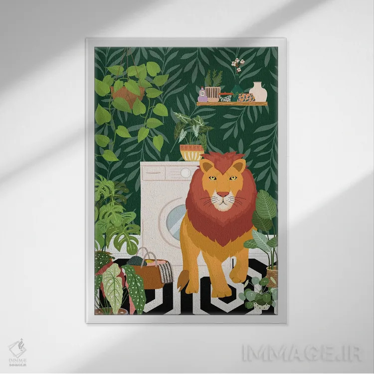 تابلو دکوراتیو شیر در اتاق لباسشویی گیاهی اثر ژانیا شاریپژانوا - نمای قابدار سفید