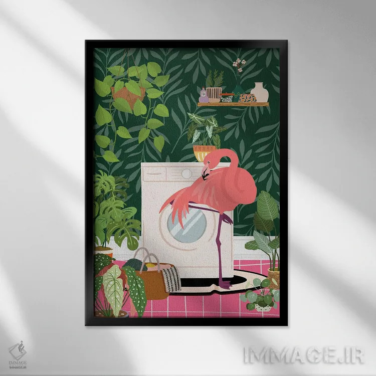 تابلو دکوراتیو فلامینگو در اتاق لباسشویی گیاهی اثر ژانیا شاریپژانوا - نمای قابدار مشکی