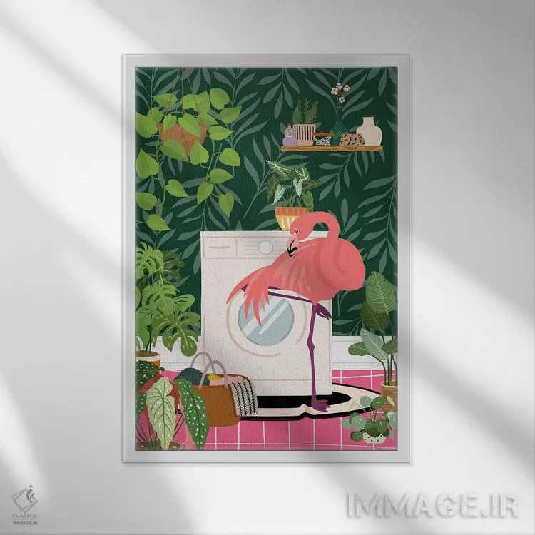 تابلو دکوراتیو فلامینگو در اتاق لباسشویی گیاهی اثر ژانیا شاریپژانوا - نمای قابدار سفید
