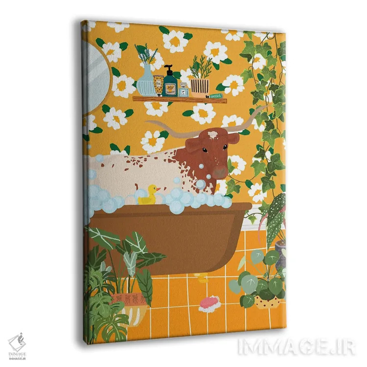 تابلو دکوراتیو گاو شاخ دار تگزاسی در حال حمام کردن اثر ژانیا شاریپژانوا - نمای پرسپکتیو محصول