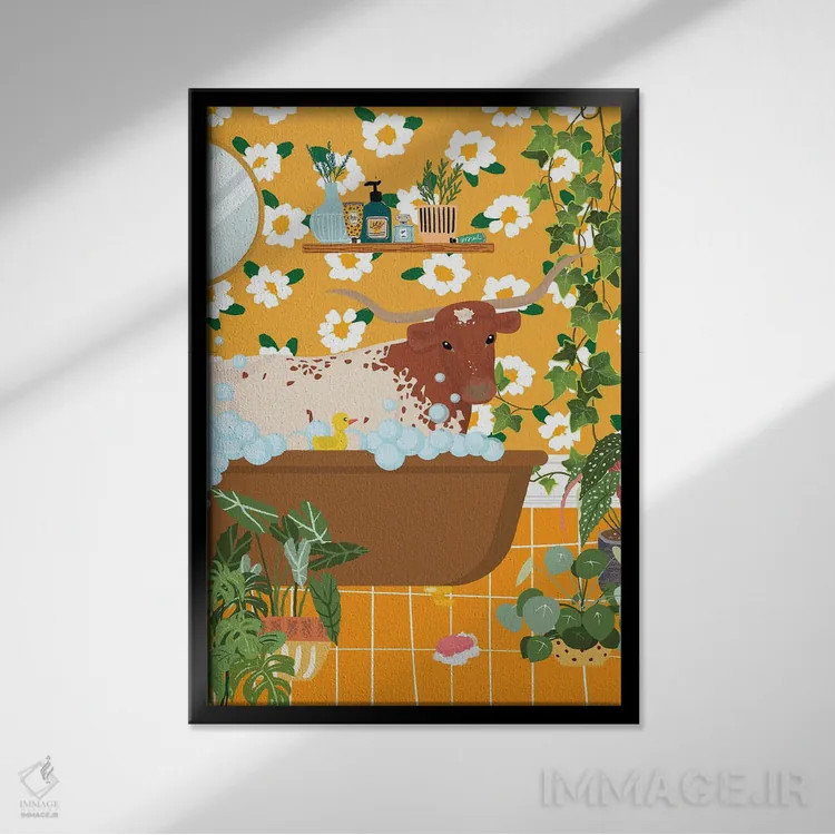 تابلو دکوراتیو گاو شاخ دار تگزاسی در حال حمام کردن اثر ژانیا شاریپژانوا - نمای قابدار مشکی