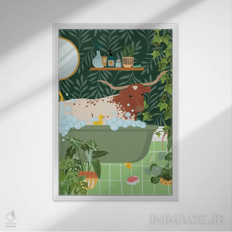 تابلو دکوراتیو گاو شاخ دار تگزاسی در وان حمام اثر ژانیا شاریپژانوا - نمای قابدار سفید