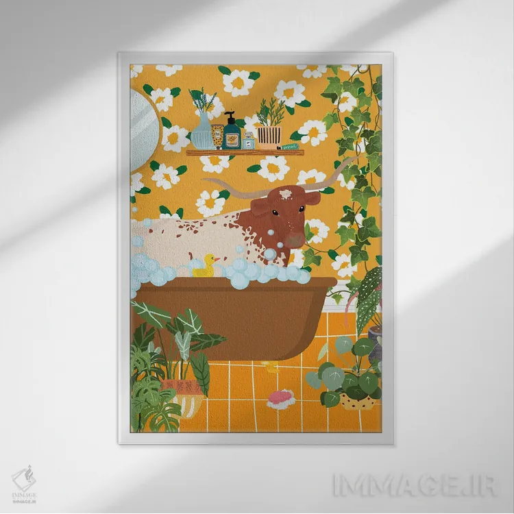 تابلو دکوراتیو گاو شاخ دار تگزاسی در حال حمام کردن اثر ژانیا شاریپژانوا - نمای قابدار سفید