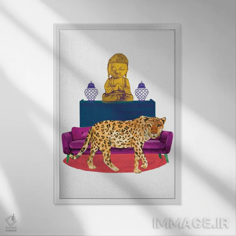 تابلو دکوراتیو یوزپلنگ در اتاق نشیمن اثر ژانیا شاریپژانوا - نمای قابدار سفید