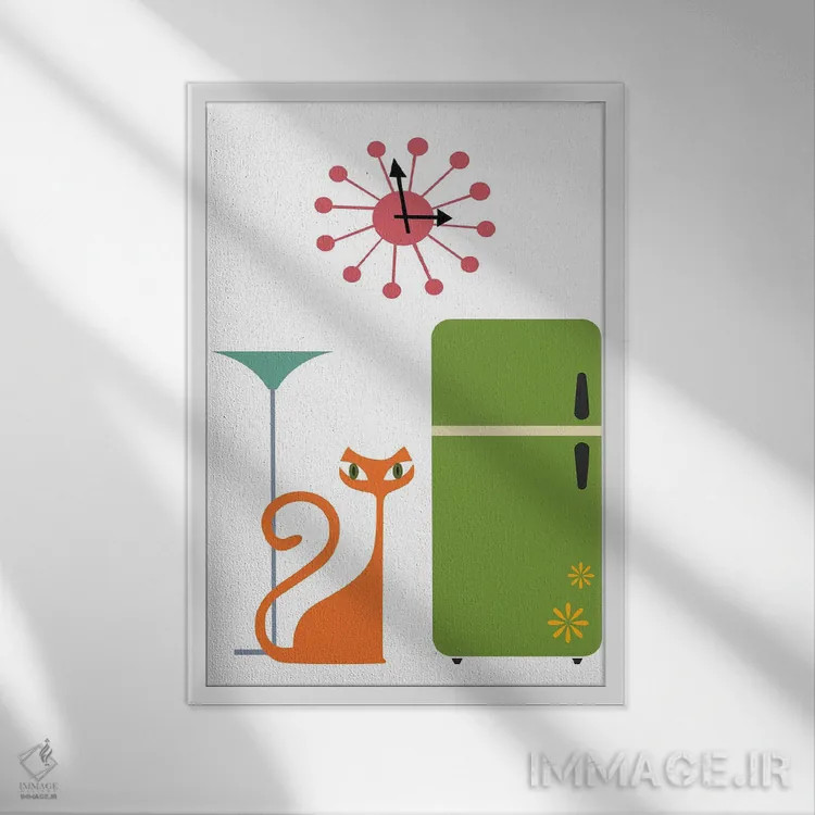 تابلو مدرن گربه مدرن در آشپزخانه میان قرنی اثر ژانیا شاریپژانوا - نمای قابدار سفید